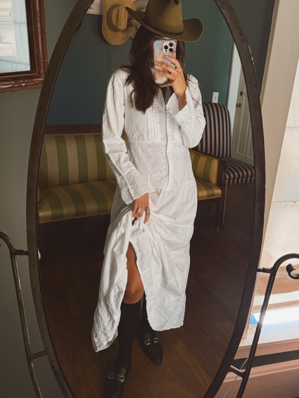 Vintage 100% cotton Flared long sleeve Tiered eyelet White Maxi Dress sz medium